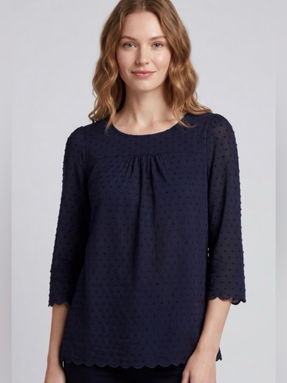 Anthropologie Navy Swiss-Dot 3/4 Sleeve Blouse with Scalloped Hem